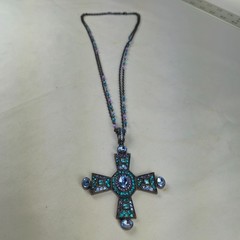 Vintage Silver/Black Tone & Blue Rhinestone Cross Pendant Chain Necklace 17″ 51g