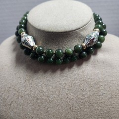 Green Nephrite Jade Beaded Necklace Floral Cloisonne Enamel Accents 26in