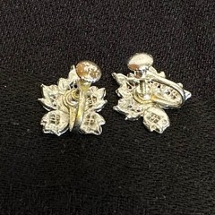 Vintage Silver Tone Rhinestone Maple Leaf Earrings Screw Back
