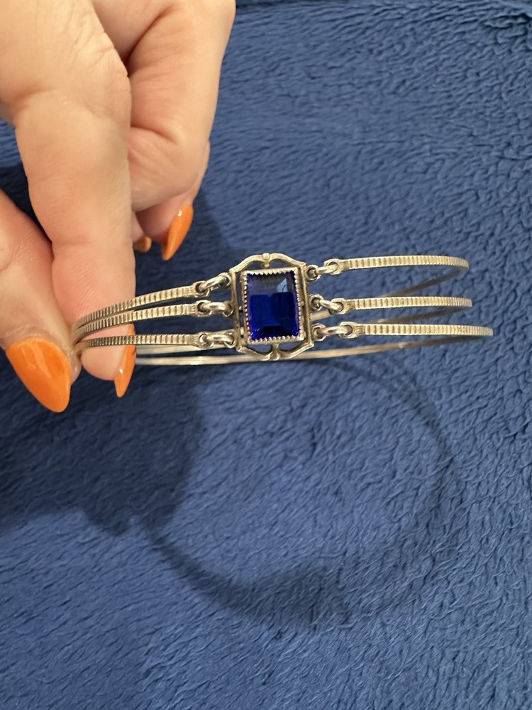 Marathon Signed Sterling Silver 925 Triple Band Blue Crystal Bracelet, 8in Long