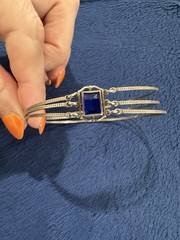 Marathon Signed Sterling Silver 925 Triple Band Blue Crystal Bracelet, 8in Long