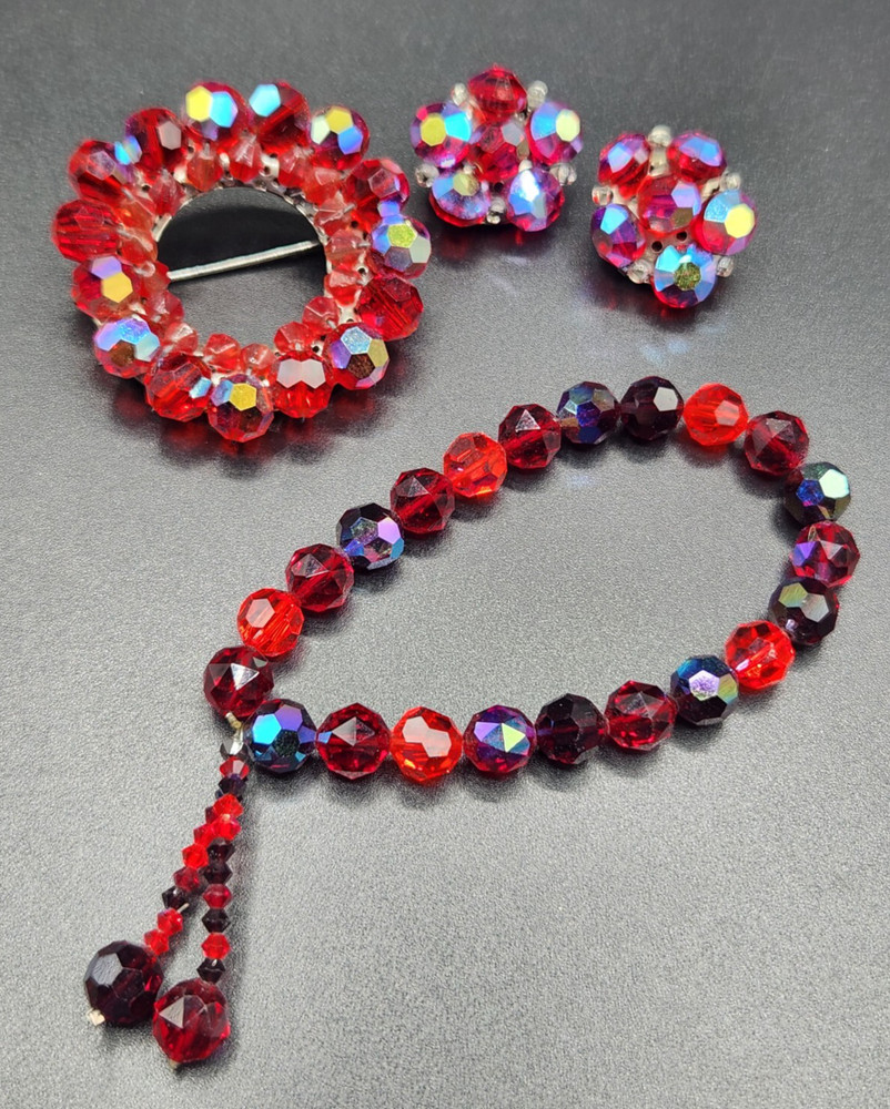 Vintage Red Aurora Borealis Crystal Glass Bead Brooch , Earrings and Bracelet