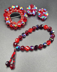 Vintage Red Aurora Borealis Crystal Glass Bead Brooch , Earrings and Bracelet