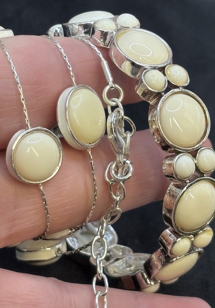 Vintage Napier Bracelet Necklace Set Cream Silver Tone