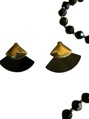 BLACK PLASTIC MULTIFACETED BEADED NECKLACE 29 in LONG With EARRINGS set
