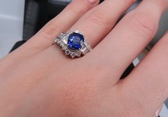 Fine 2.25ct GIA Blue Cushion Sapphire 0.80ct Diamond Platinum Ring, Size 7