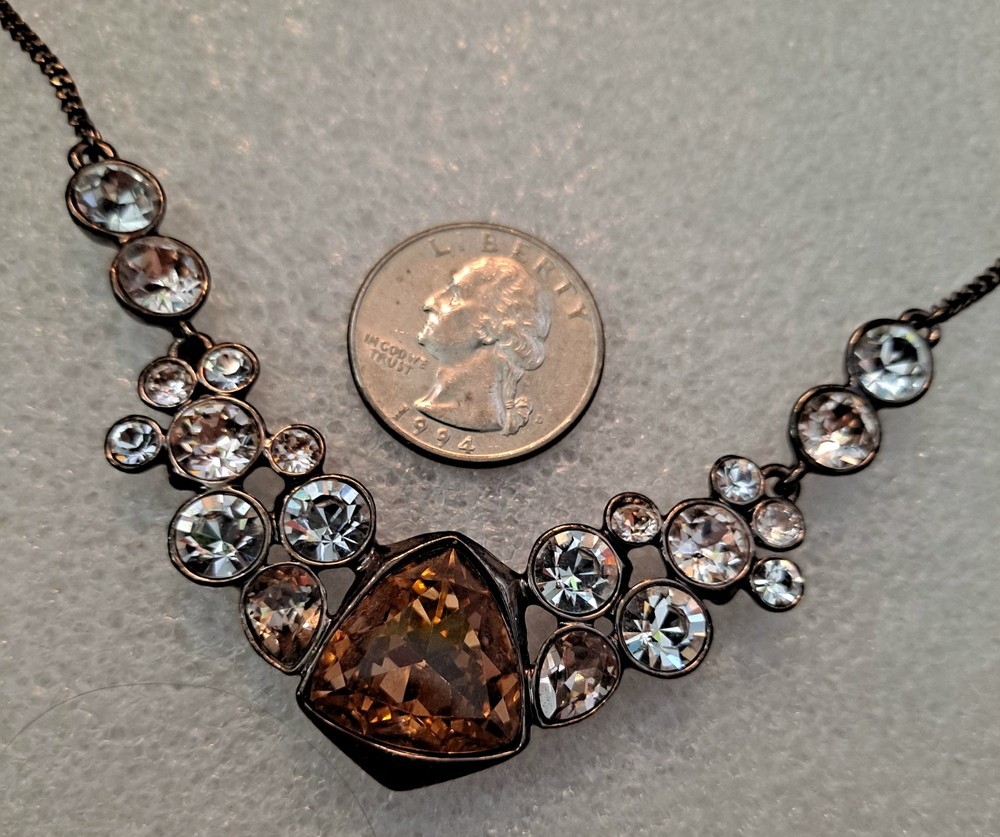 Givenchy Gold Silk Frontal Necklace Rhinestones Amber Pale Pink & White Stones