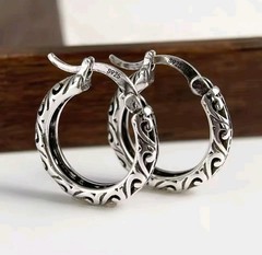 Vintage Sterling Silver Hoop Earrings Geometric Retro Pattern Statement Jewelry.