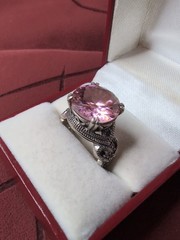 Vintage Pink Topaz w/Marcasite Art Deco Style 925 Sterling Silver Ring Size 5.75