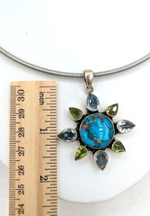 Vintage Turquoise Peridot Blue Topaz Sun Pendant Sterling Silver chain 17