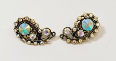 Vintage Gold Tone AB Rhinestone Rivoli Paisley Earrings