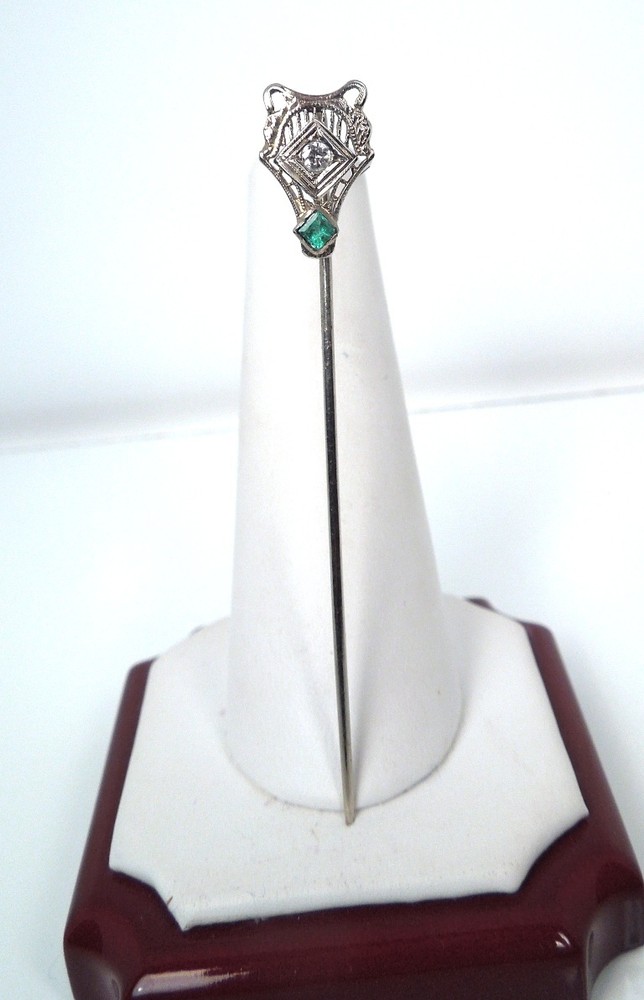 Antique 14K WG Edwardian Art Deco Diamond Emerald Stickpin Pin GAL Appraisal