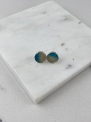 Vintage 925 Sterling Silver Blue Green Glass Circle Stud Earrings