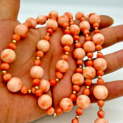 VTG Angel Skin Coral Necklace 36in Carved White Chinese Puzzle Ball 11mm OOAK