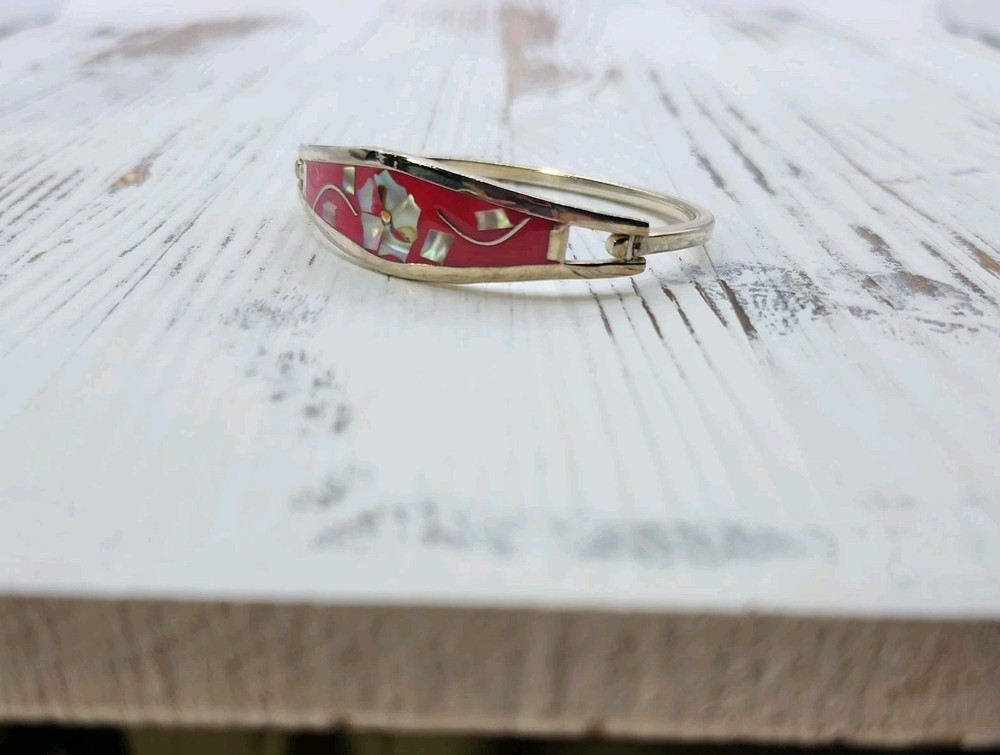 Vintage Silver Tone Pink Alpaca Mexico Hinged Abalone Bracelet 6.5 in