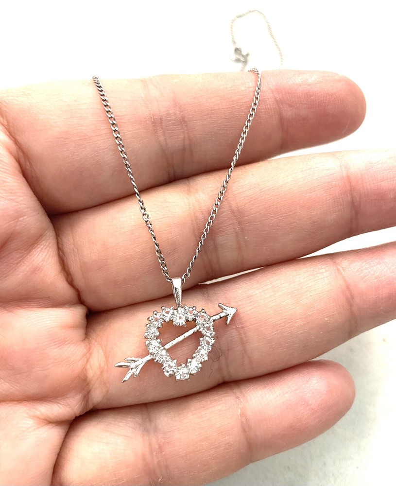 S50 Vintage necklace, chain, pendant heart, arrow, sterling silver rhinestones