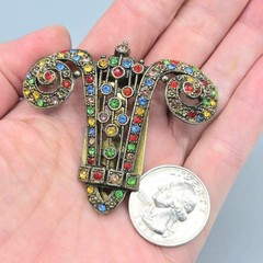 Art Deco Multi Color Paste Rhinestone Gilt Feminist Dress Clip