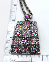 AB Rhinestone Pendant Necklace Aurora Borealis AB Gunmetal Windowpane Floral 28″