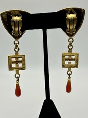 Vintage Gold Tone Carnelian Drop Dangle Earrings Shield Geometric Matte Art Deco