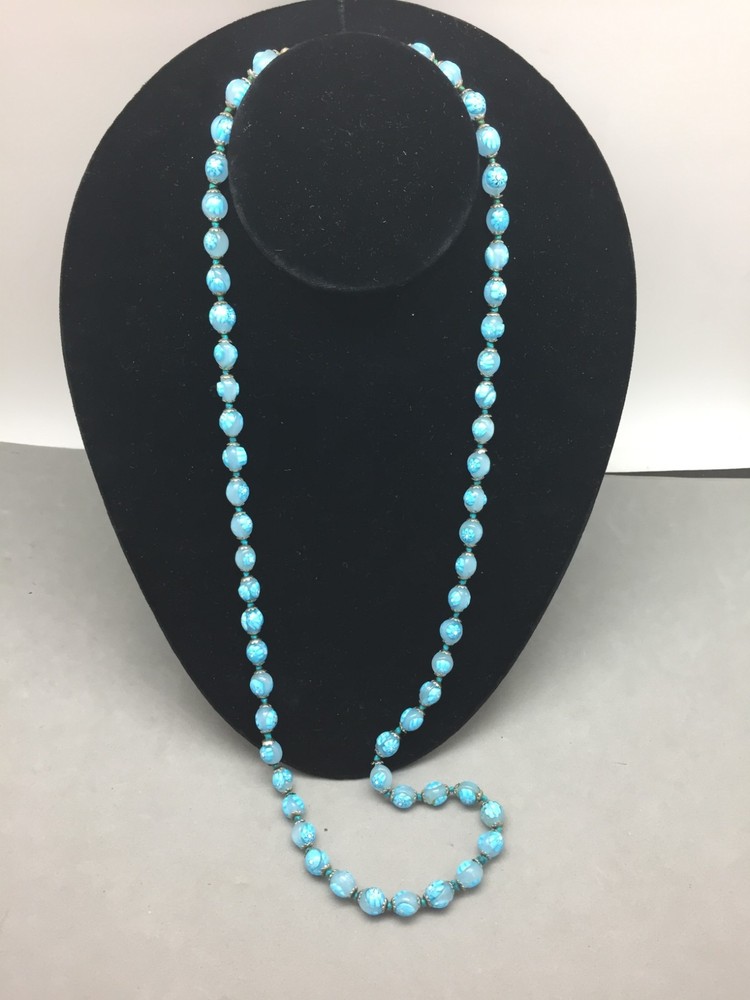 Vintage Venetian Glass Bead Necklace Blue Flower 8-9mm Knotted 30″