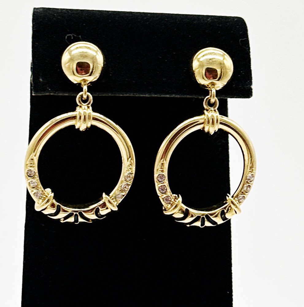 Vintage Jackie Collins Dangle Hoop Earrings Rhinestones Enamel Gold Tone