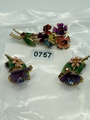 Vintage Austria Crystal Brooch and Earring Set 1950s Gold Tone Enamel Floral