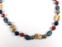Vtg Natural Stone and Glass Silver Tone Hand Knotted Bead Necklace Blue Brown