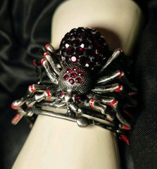 Vintage Spider Statement Ruby Red Rhinestones Silver Adjustable Cuff Bracelet