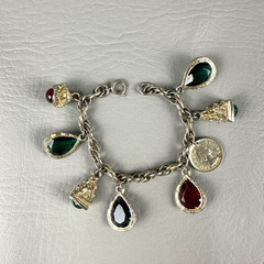 Vintage Charm Bracelet Gold Tone Glass Charms South Africa Coin 6.5″