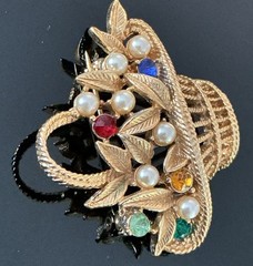 Vtg Gold Tone Flower Basket Brooch Pearl Multicolor Rhinestones Signed Gerry’s