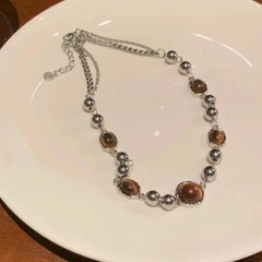 Vintage Leather Brown Stone Pendant Necklace Women’s Retro Stacking Choker
