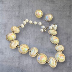 Vintage Hobe Signed Necklace Earrings Set Iridescent Cabochons Jewelry Estate