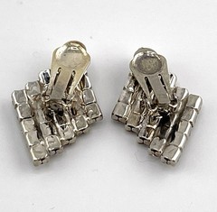 Vintage. Brilliant Black & Clear Diamond Shape Rhinestone Clip Earrings. 1.50”