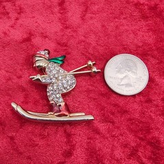 Vintage Skier Brooch Pin Gold Tone Rhinestone Encrusted Green Red Enamel Winter