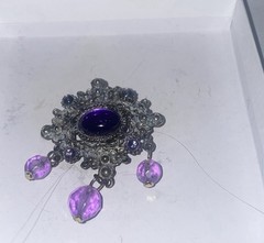Faux Amethyst Cabochon Brooch with Hanging Amethyst Crystals Vintage