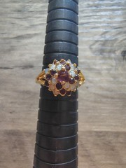 Vintage 18K GE Simulated Opal & Amethyst Floral Cluster Ring Size 8 Gold Tone