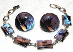 Vintage Hoffman Blue Morpho Butterfly Wing Bracelet w Earring Set Silver Tone