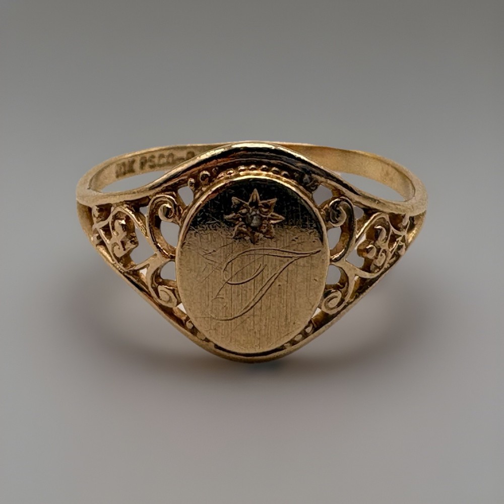 Antique 10K Yellow Gold Signet Ring With Diamond In Sun, Size 5.5 PSCO Filigree