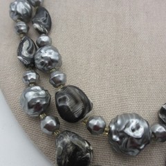 Vintage Hong Kong Necklace Beaded Black Gray Double Strand 23 Inch