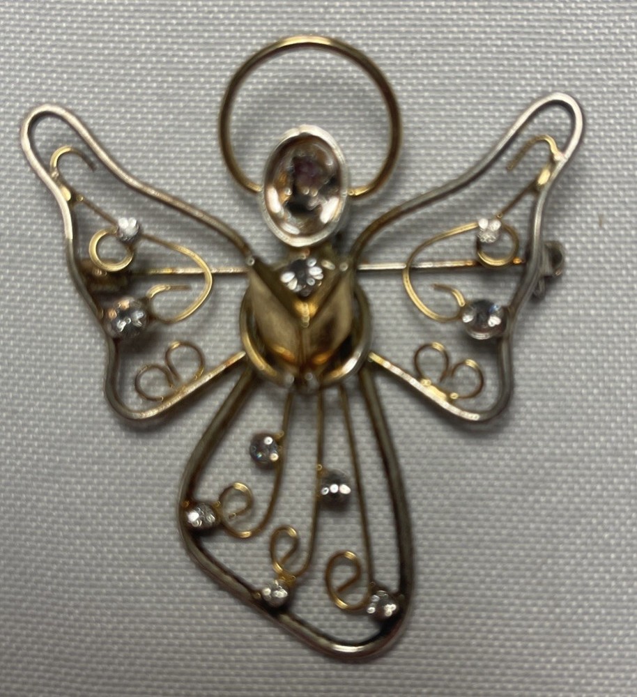 Angel with Rhinestones Singing Vintage Brooch Pin Gold Tone 2”x2”