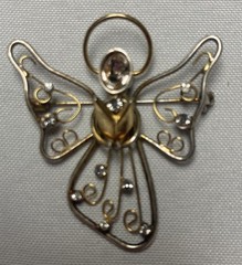 Angel with Rhinestones Singing Vintage Brooch Pin Gold Tone 2”x2”