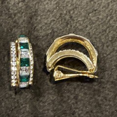 Gold Tone Green And White Rhinestones Clip On Earrings Approx 1”