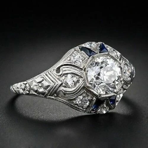 Antique Edwardian Style LabCreated Diamond ArtNavette Engagement 14K GoldFN Ring