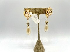 Vintage Gold Pierced Earrings Saks Crystal Bead Dangles 1990s Rice Pearls NOS HM