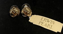 Vintage NOS Erwin Pearl Gold Tone Knot Pierced Earrings Ribbed Designer