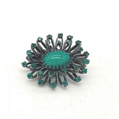 Vintage Austria Green Rhinestone Cabochon Sunburst Brooch Gunmetal Tone 1.5in