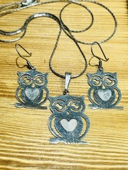 Vintage Sterling Silver Handmade Cut Out Owl Earrings And 22” Pendant Necklace