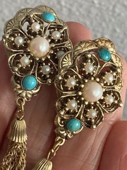 Vintage Victorian Revival Necklace Earrings Faux Pearl turquoise Festoon Tassel
