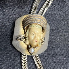 Vintage Sculpted Face Pendant Necklace & Green Stone Bracelet Set