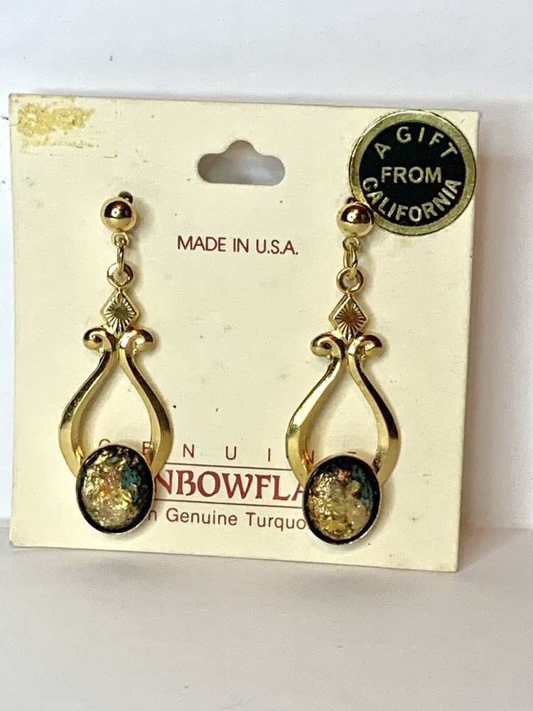 RainbowFlake Genuine 24k Flakes Turquoise Resin 18kt Gold Plate Pierce Earrings